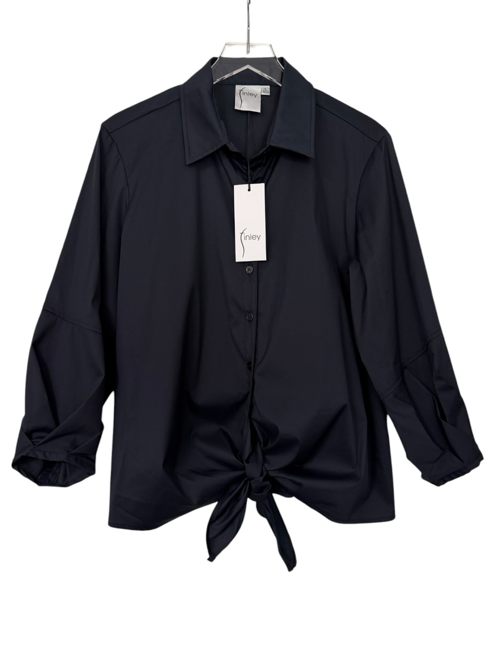 NWT Finley Emmy Silky Poplin Black Tie-Front Button-Up Shirt Size L